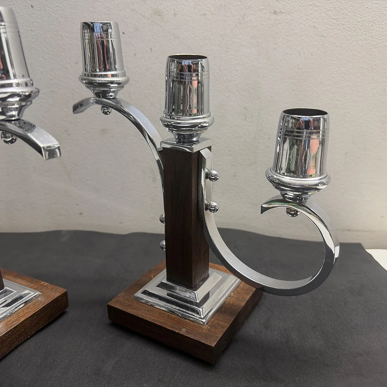 Pair of fruit wood and chromed metal candelabras, 1940s 3