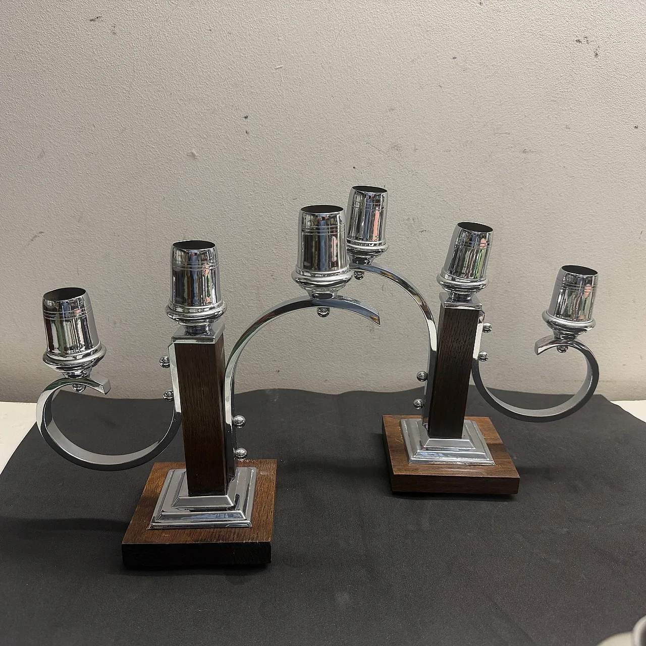Pair of fruit wood and chromed metal candelabras, 1940s 4