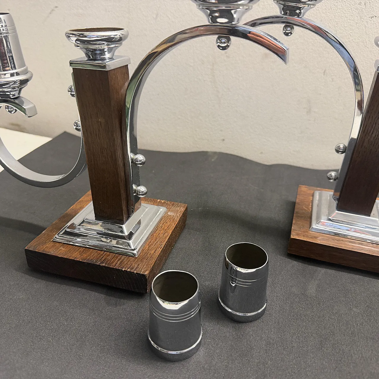 Pair of fruit wood and chromed metal candelabras, 1940s 5