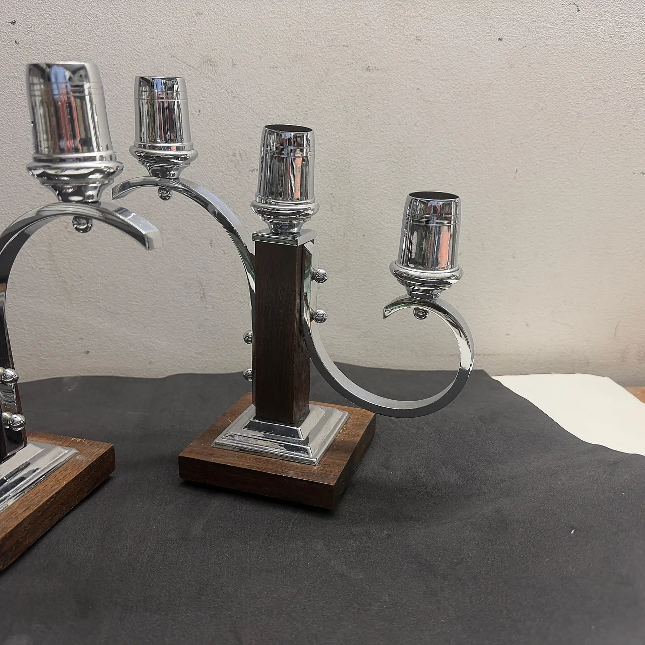 Pair of fruit wood and chromed metal candelabras, 1940s 6
