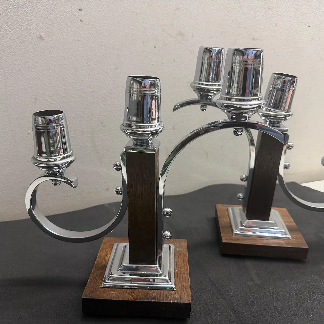 Pair of fruit wood and chromed metal candelabras, 1940s 7