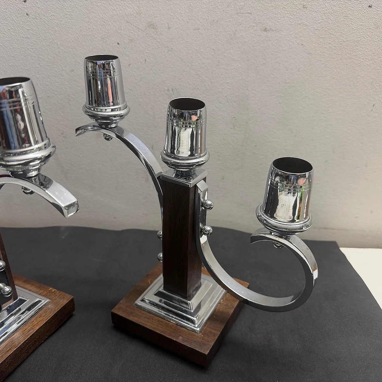 Pair of fruit wood and chromed metal candelabras, 1940s 8