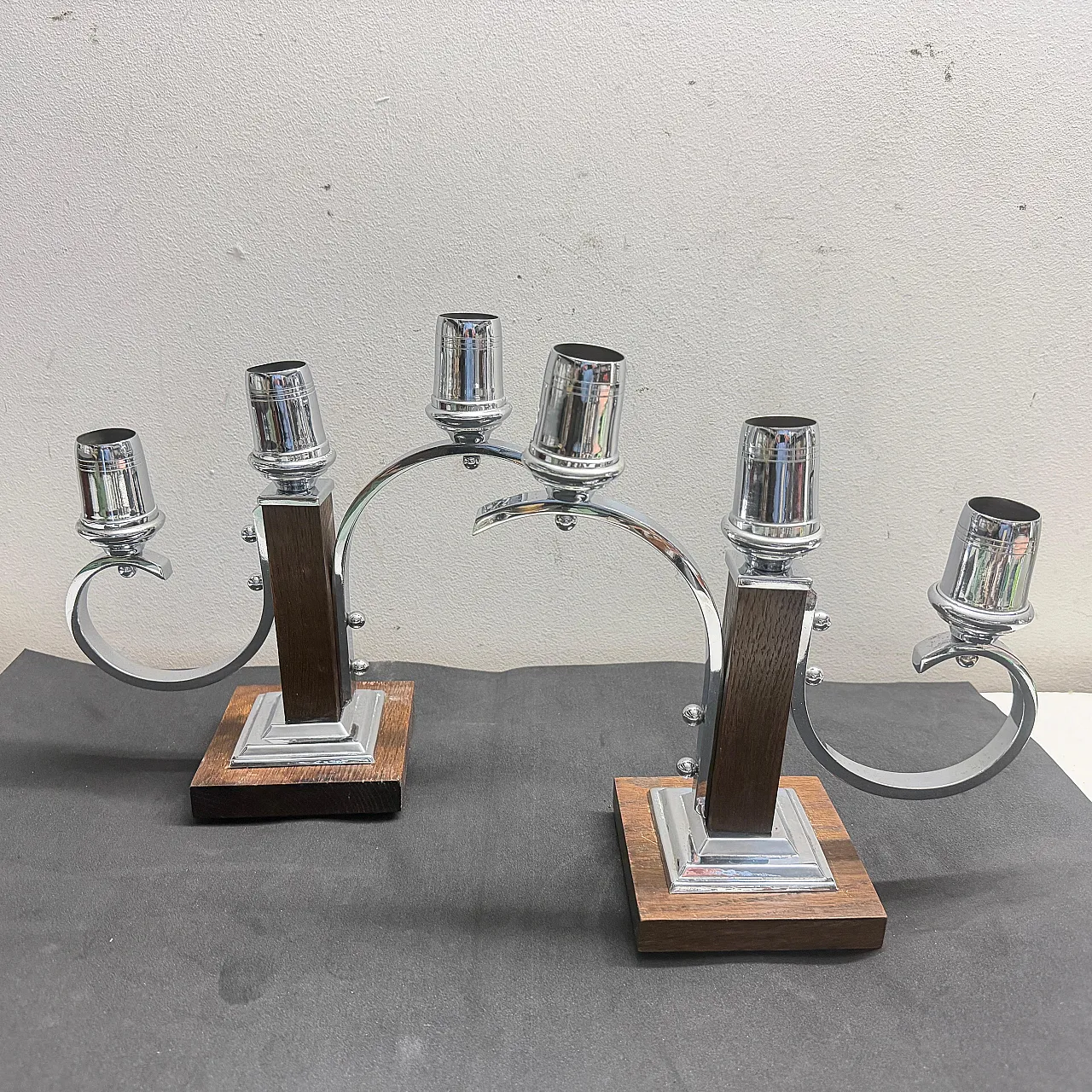 Pair of fruit wood and chromed metal candelabras, 1940s 9