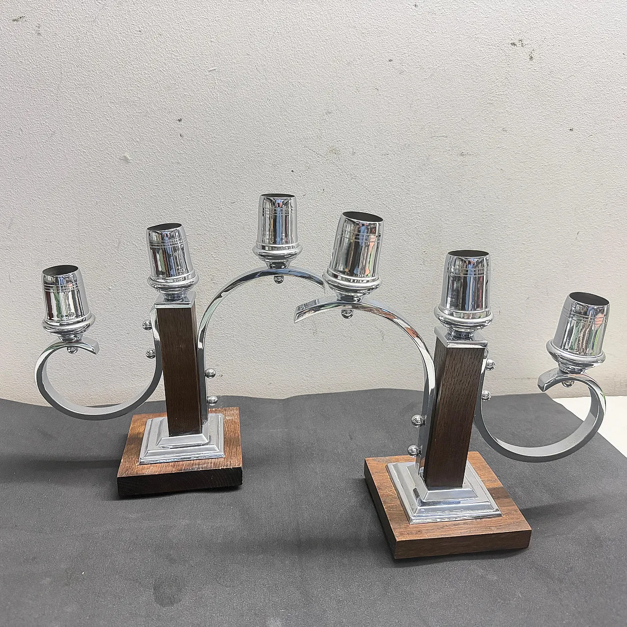 Pair of fruit wood and chromed metal candelabras, 1940s 10