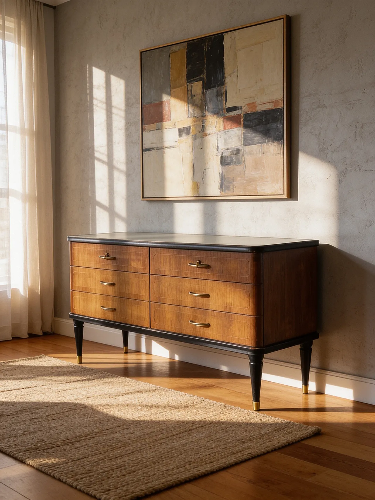 Veneered mahogany chest of drawers with green glass top, 1950s. 1
