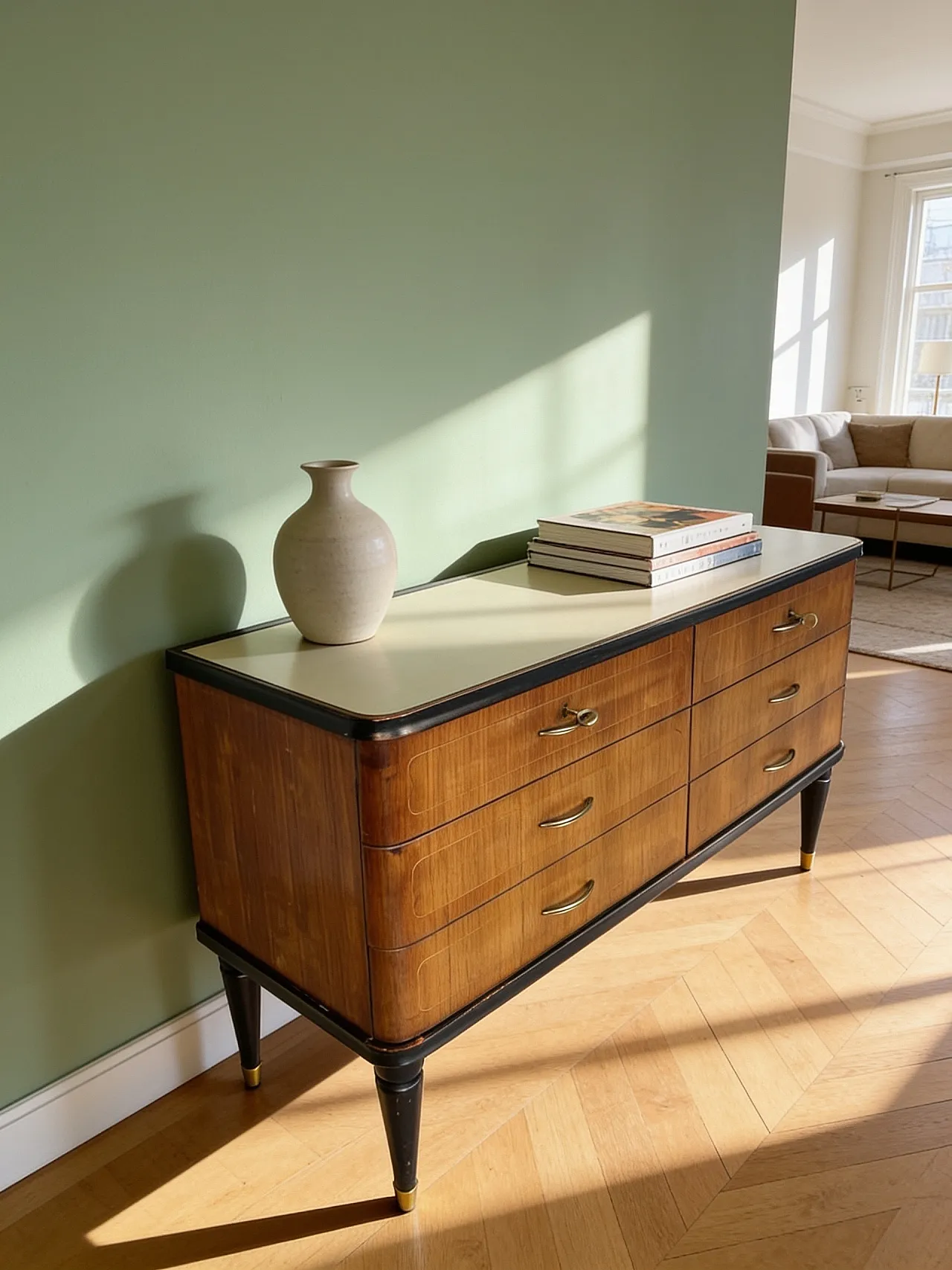 Veneered mahogany chest of drawers with green glass top, 1950s. 2