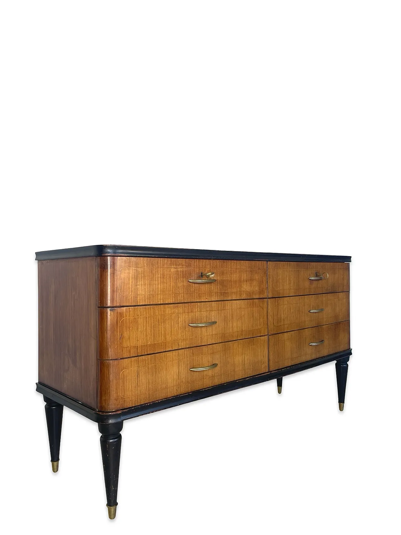 Veneered mahogany chest of drawers with green glass top, 1950s. 4