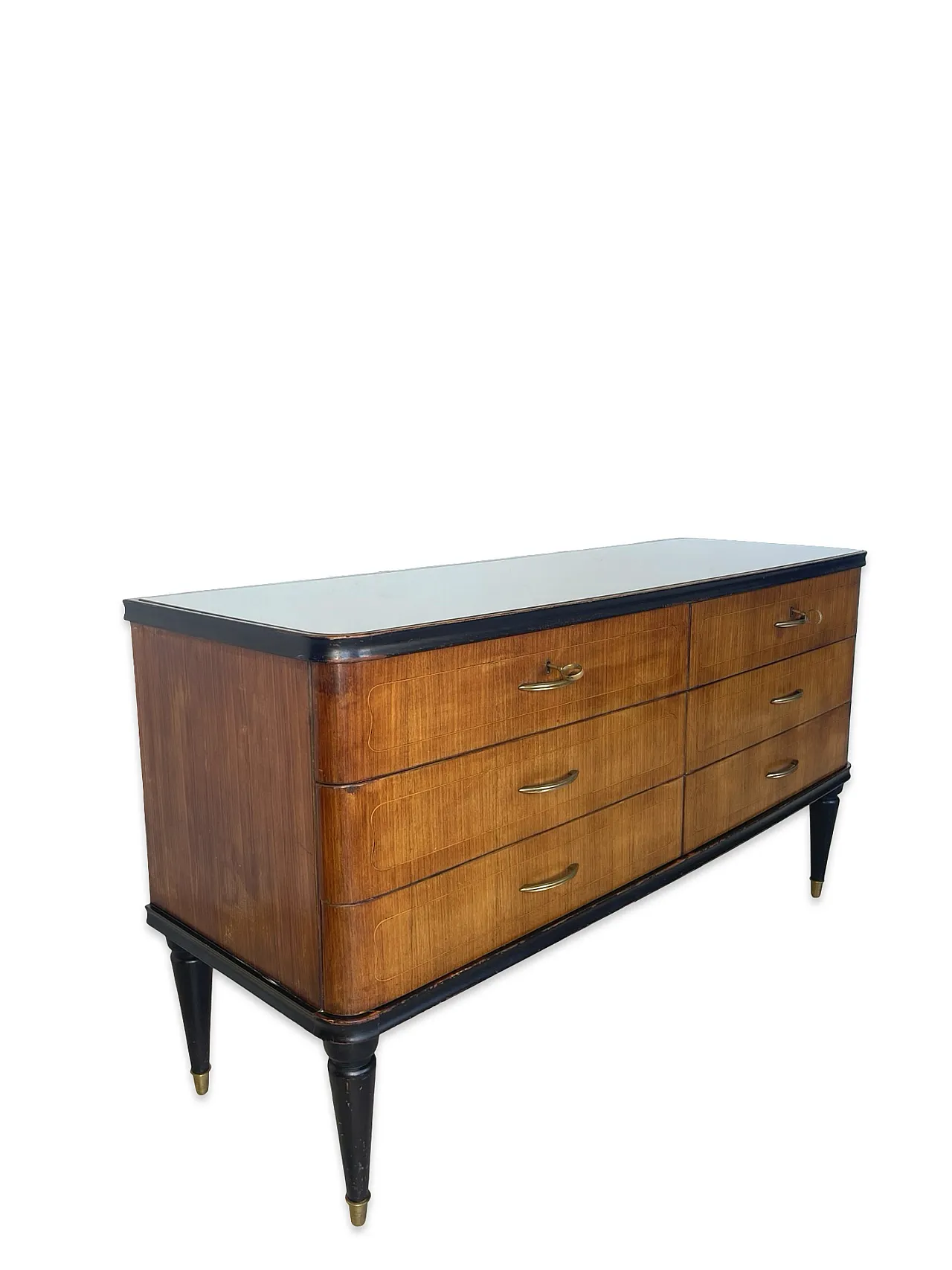 Veneered mahogany chest of drawers with green glass top, 1950s. 5