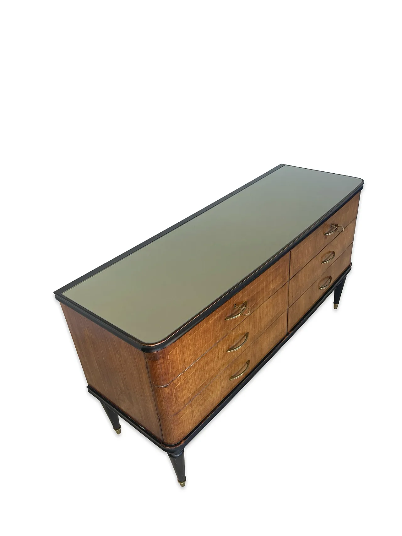 Veneered mahogany chest of drawers with green glass top, 1950s. 6