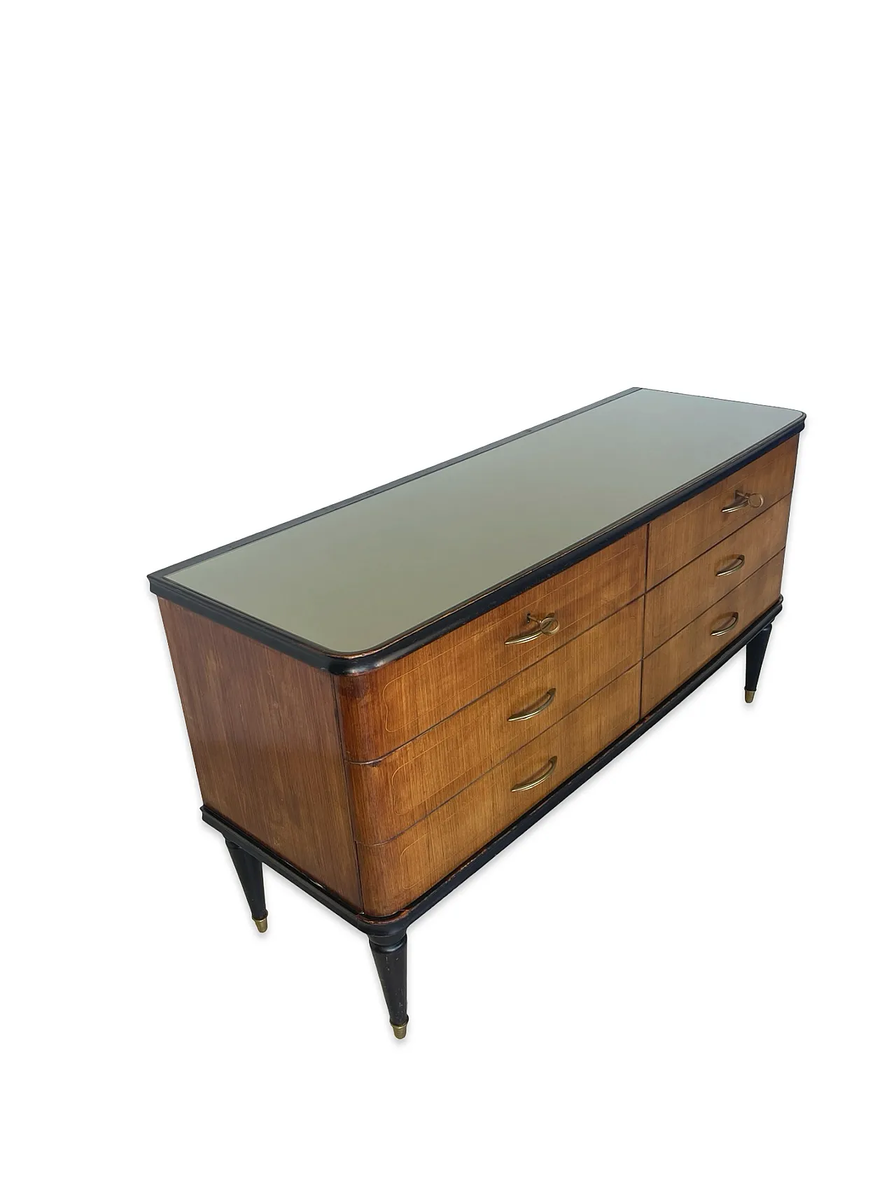 Veneered mahogany chest of drawers with green glass top, 1950s. 7