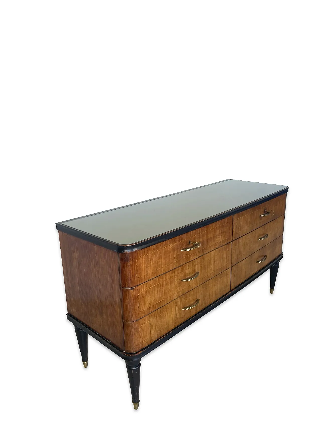 Veneered mahogany chest of drawers with green glass top, 1950s. 8