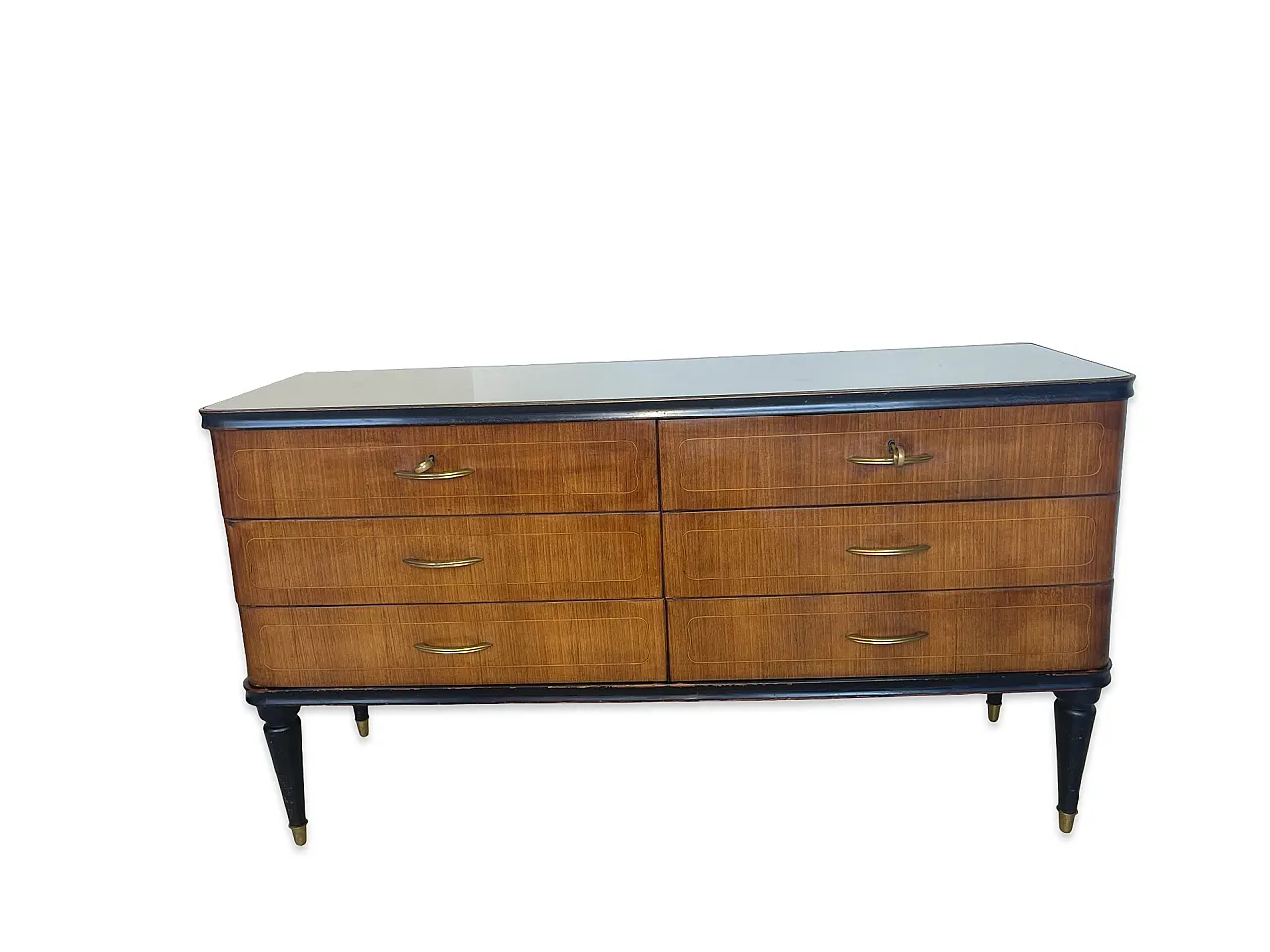 Veneered mahogany chest of drawers with green glass top, 1950s. 9