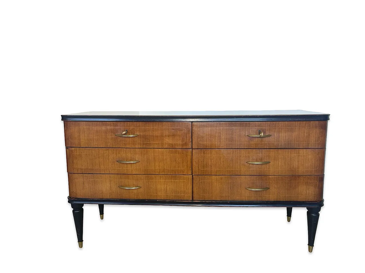 Veneered mahogany chest of drawers with green glass top, 1950s. 10