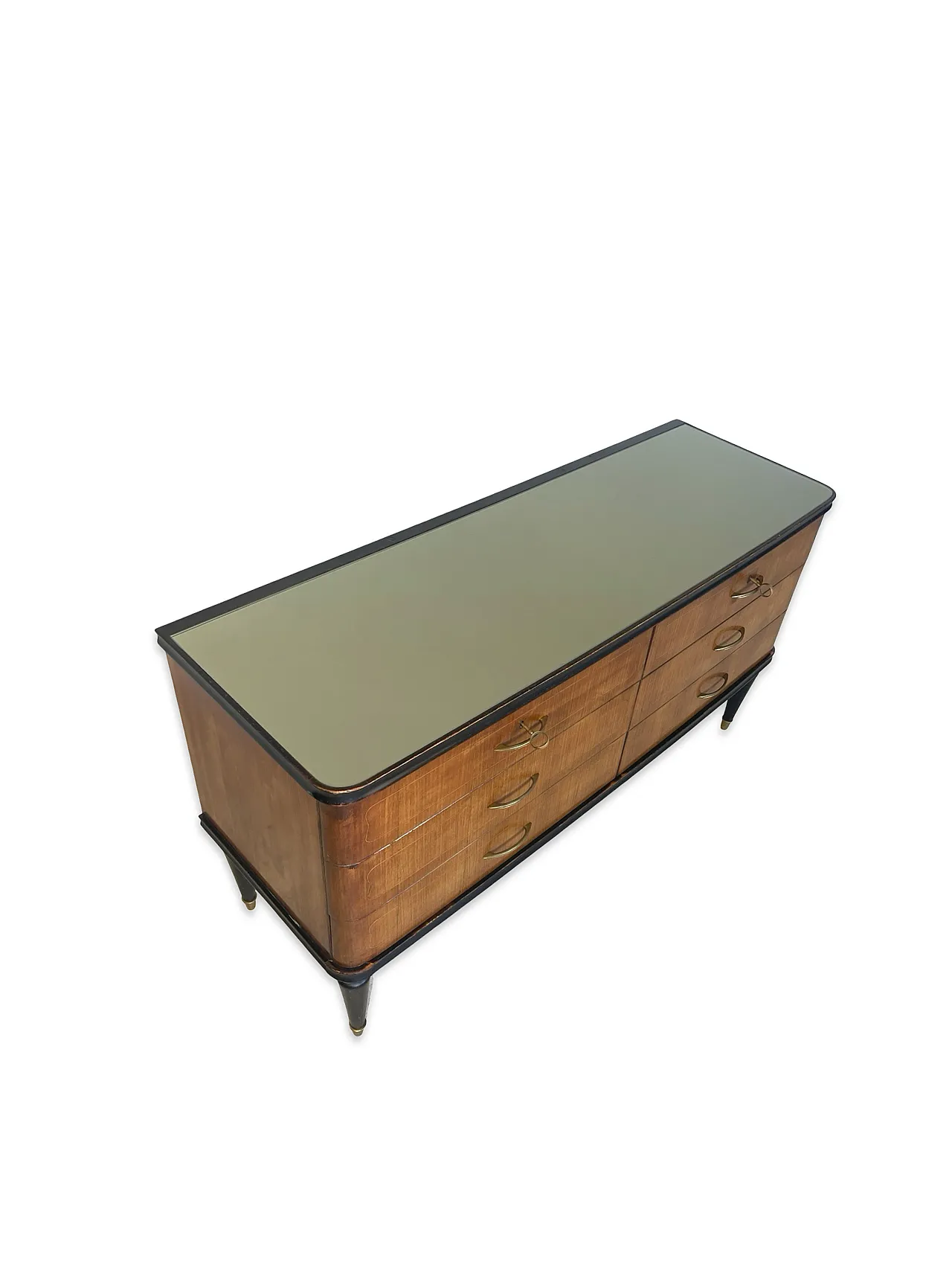 Veneered mahogany chest of drawers with green glass top, 1950s. 11