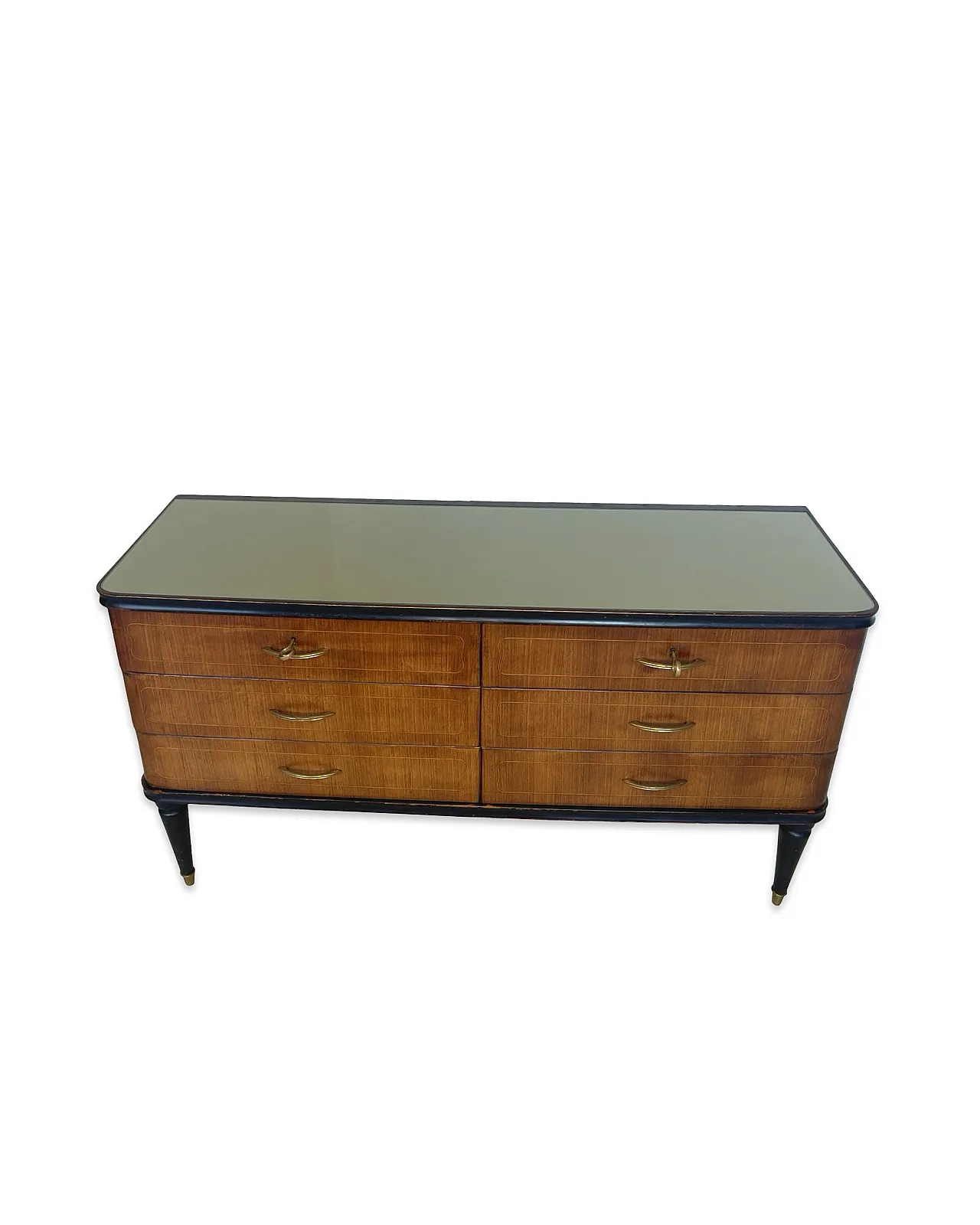 Veneered mahogany chest of drawers with green glass top, 1950s. 12