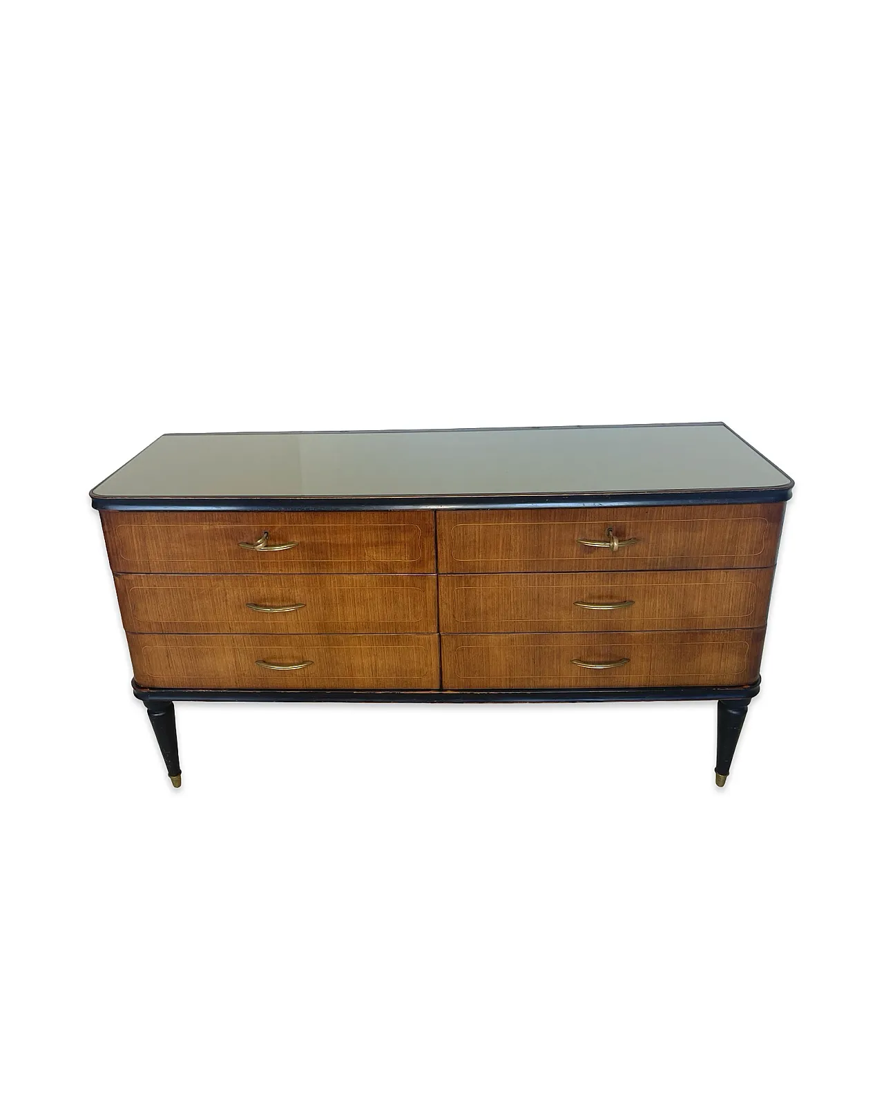 Veneered mahogany chest of drawers with green glass top, 1950s. 13