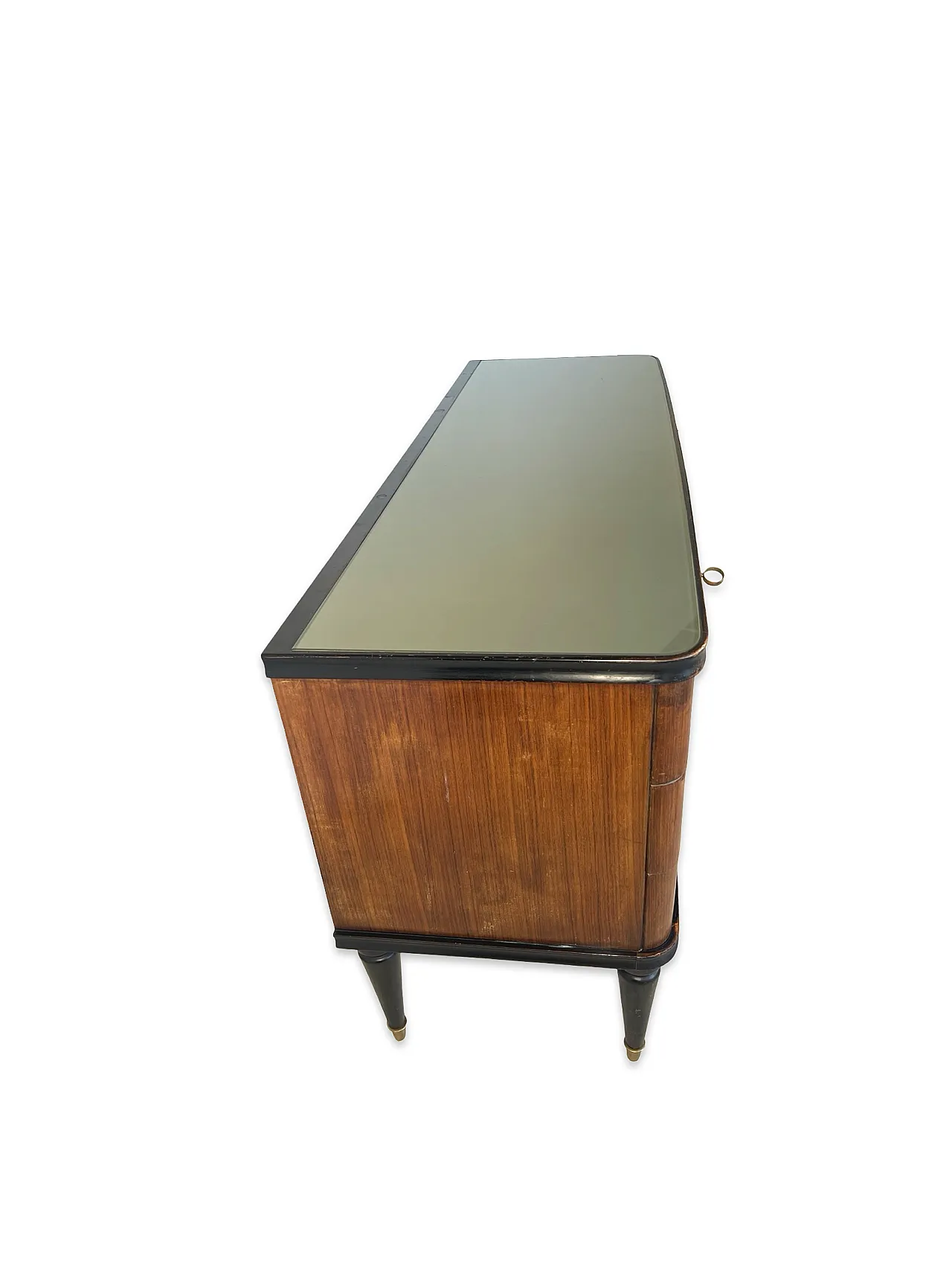 Veneered mahogany chest of drawers with green glass top, 1950s. 15