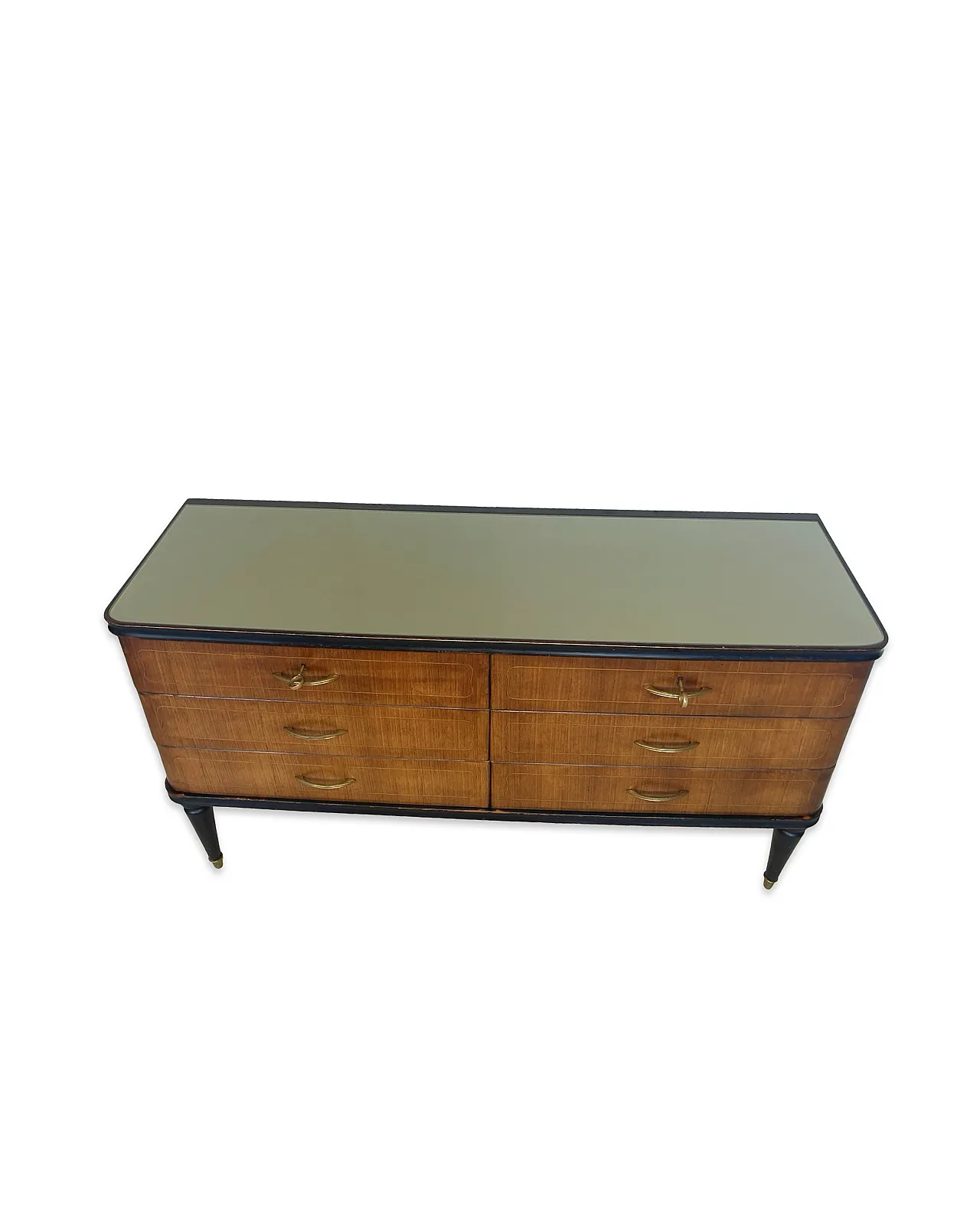 Veneered mahogany chest of drawers with green glass top, 1950s. 16