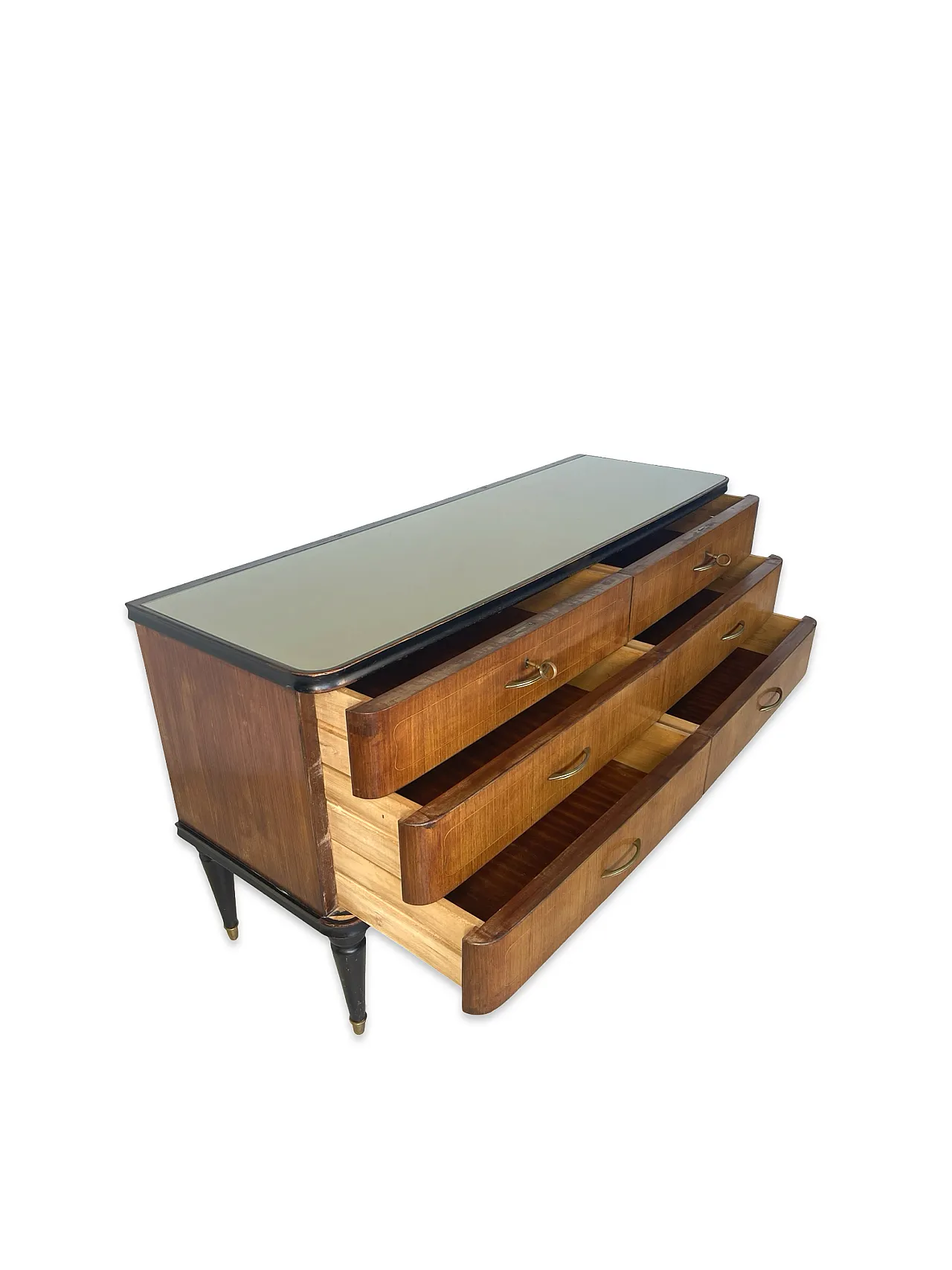 Veneered mahogany chest of drawers with green glass top, 1950s. 17