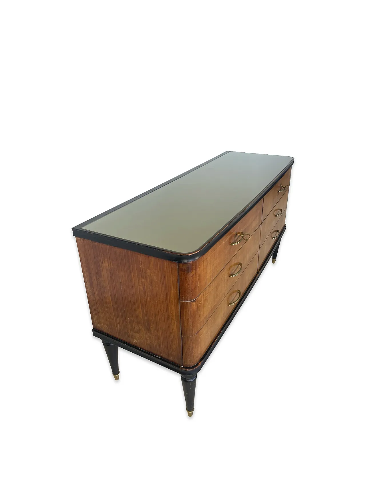 Veneered mahogany chest of drawers with green glass top, 1950s. 18