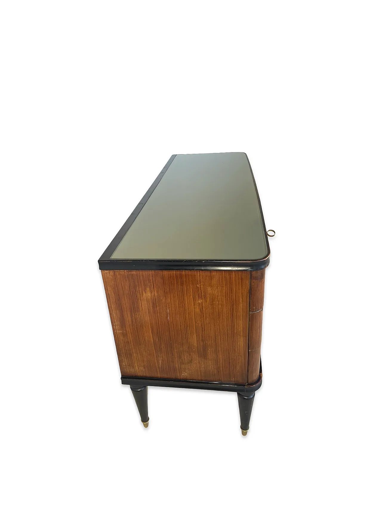 Veneered mahogany chest of drawers with green glass top, 1950s. 19