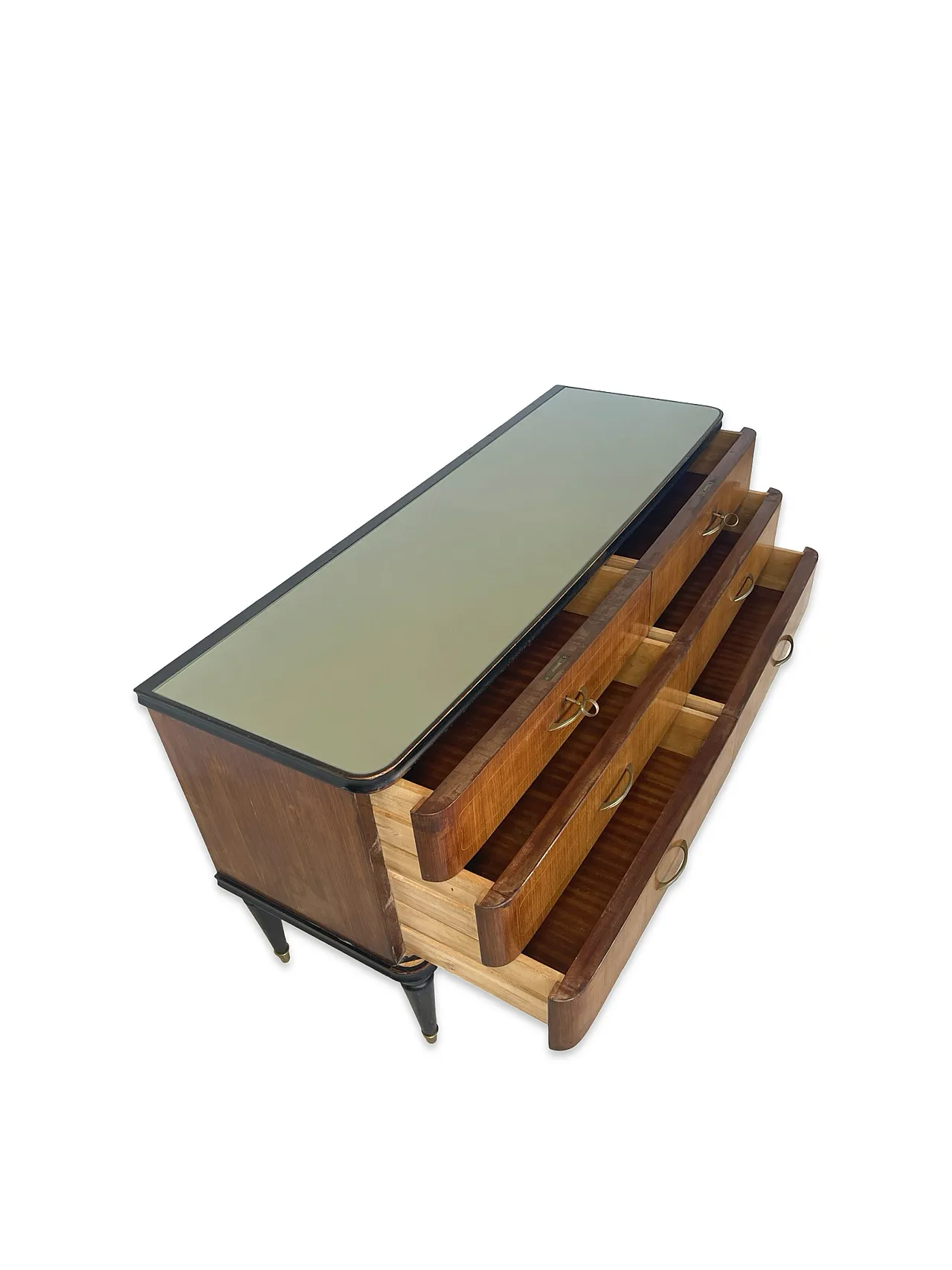 Veneered mahogany chest of drawers with green glass top, 1950s. 20