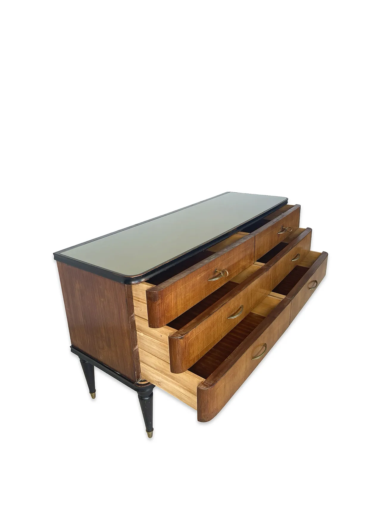 Veneered mahogany chest of drawers with green glass top, 1950s. 21