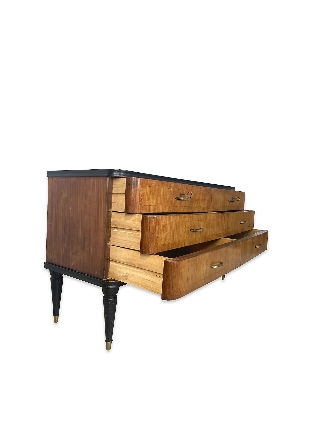 Veneered mahogany chest of drawers with green glass top, 1950s. 22