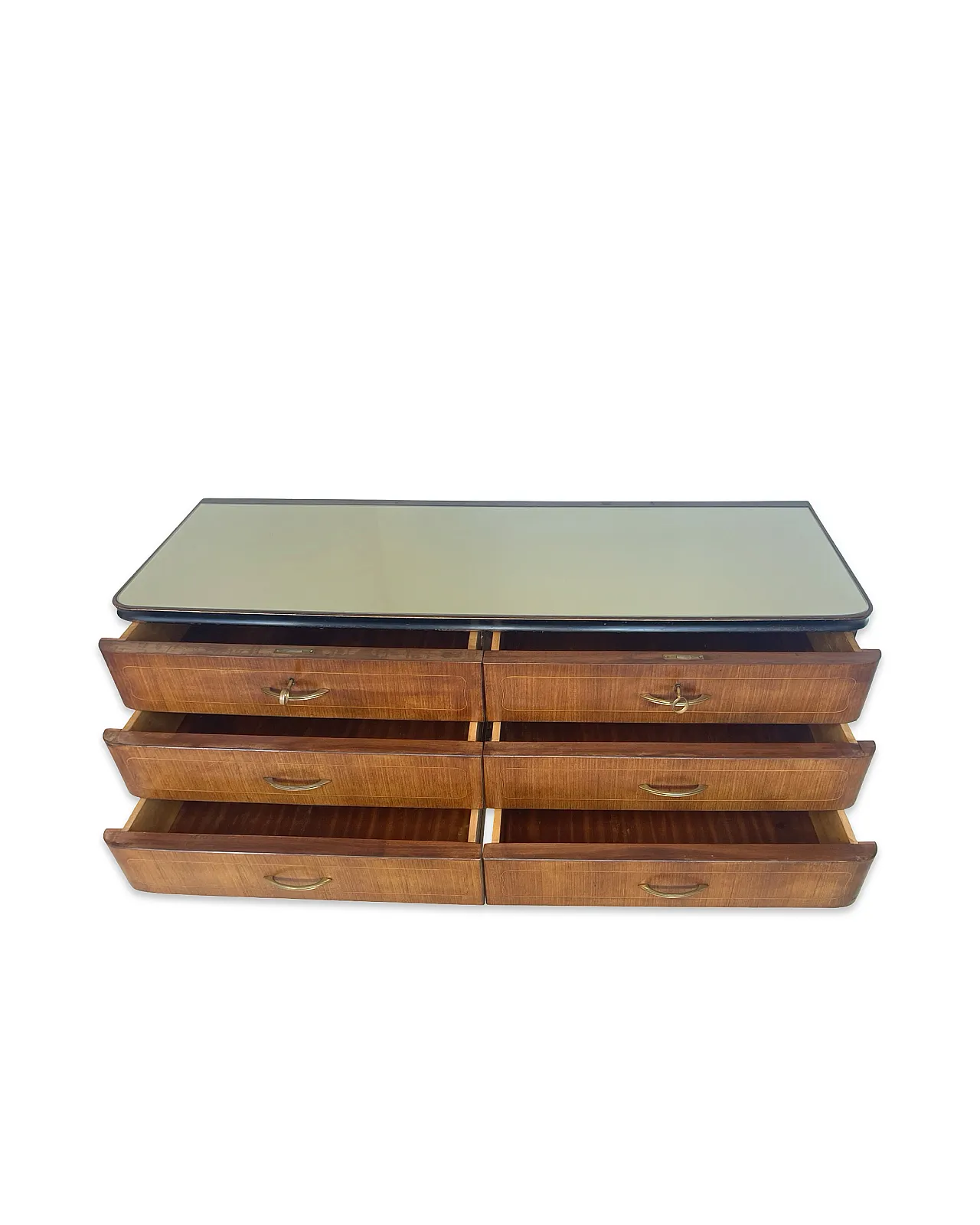 Veneered mahogany chest of drawers with green glass top, 1950s. 23