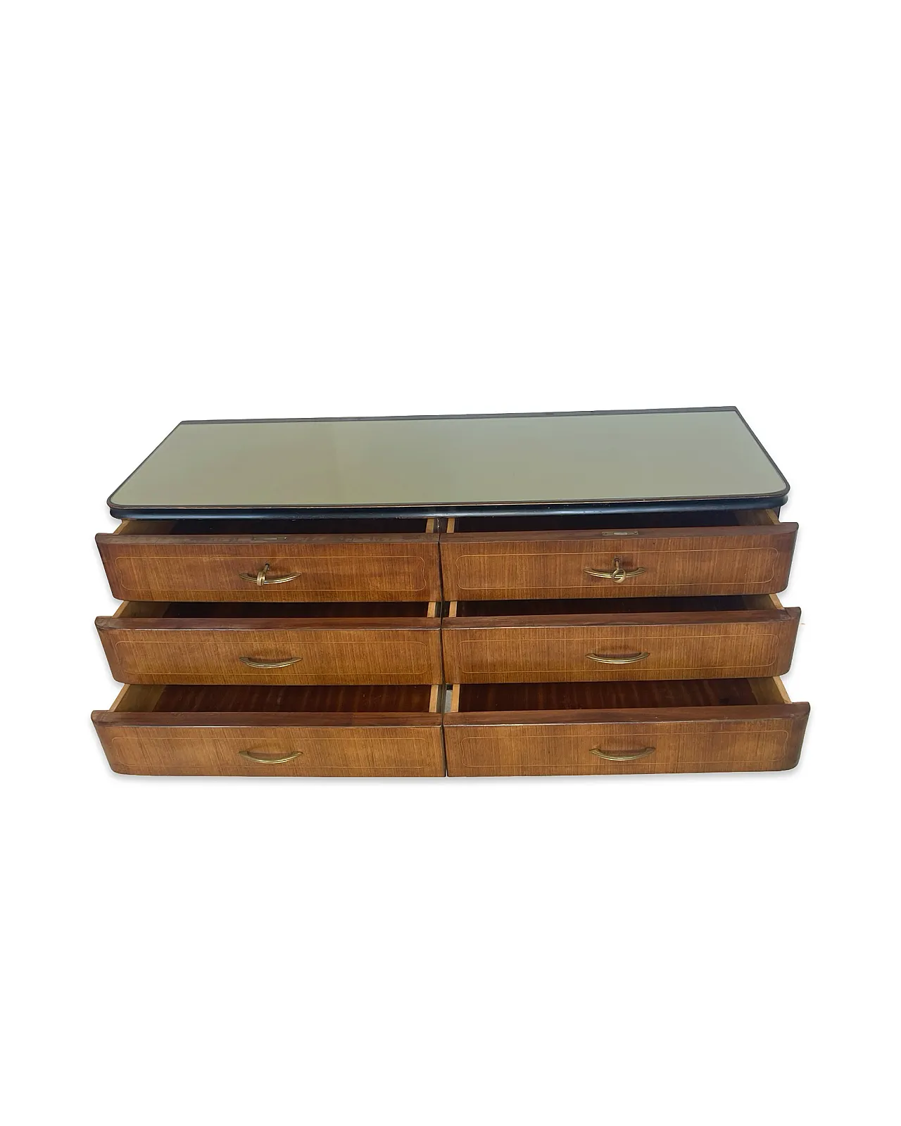 Veneered mahogany chest of drawers with green glass top, 1950s. 24