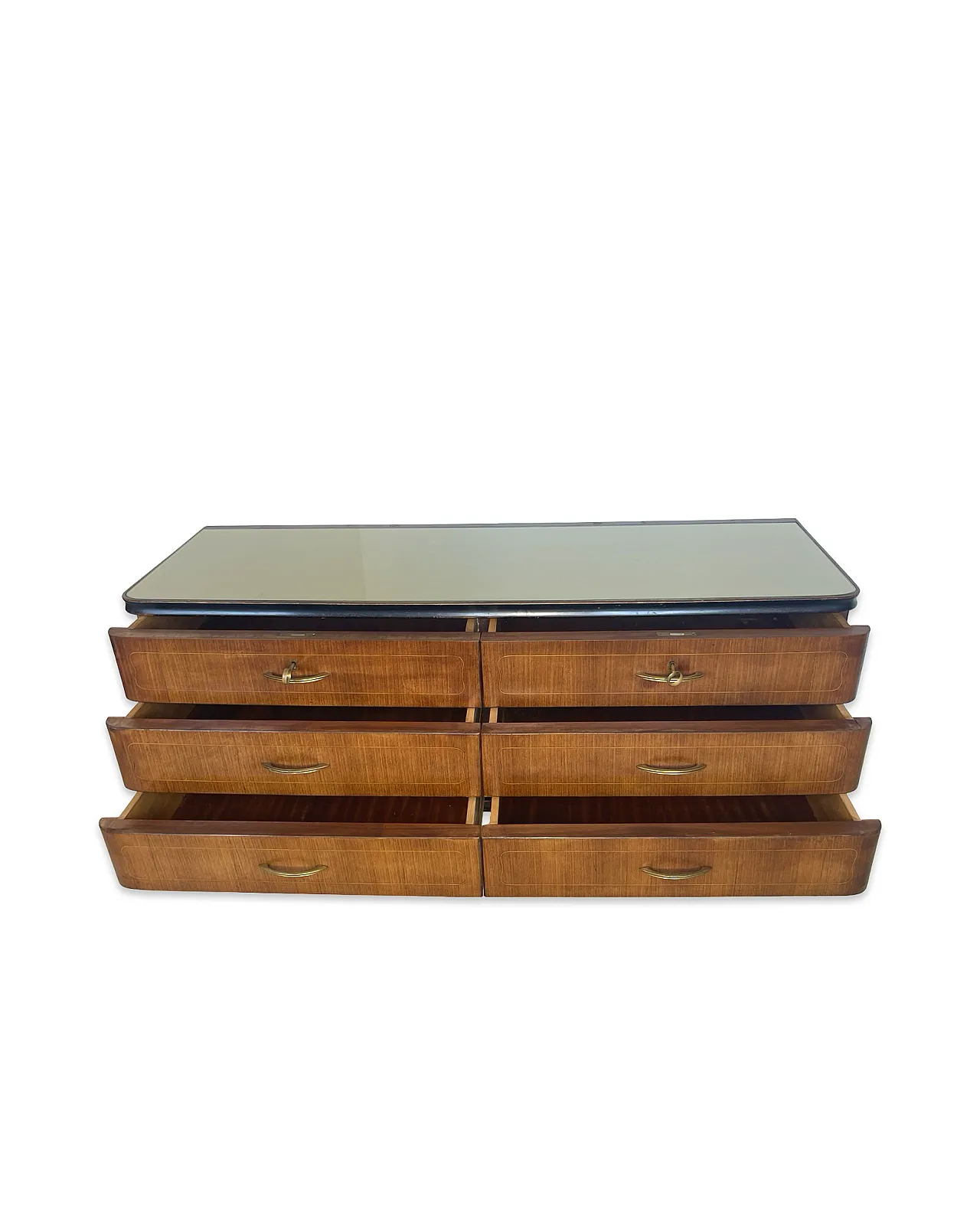 Veneered mahogany chest of drawers with green glass top, 1950s. 25
