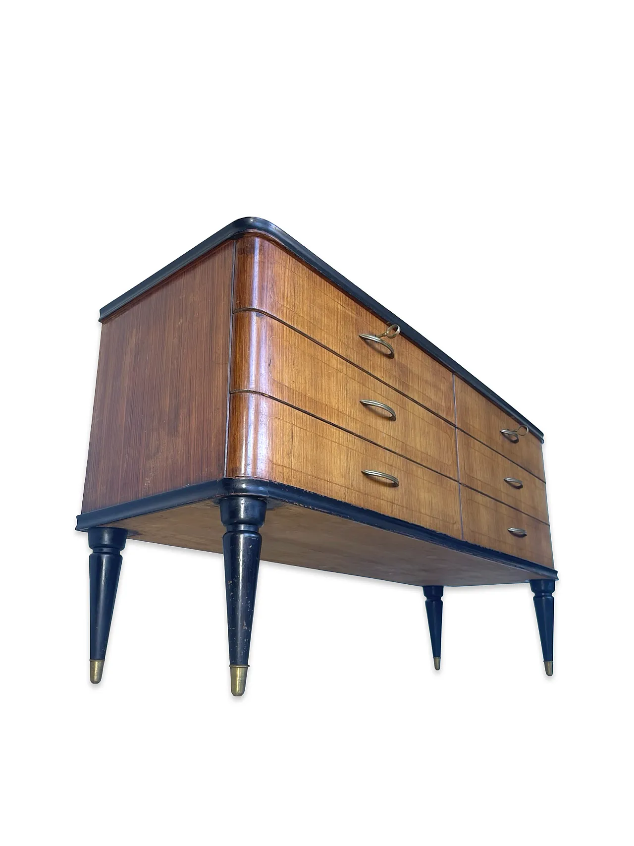 Veneered mahogany chest of drawers with green glass top, 1950s. 29