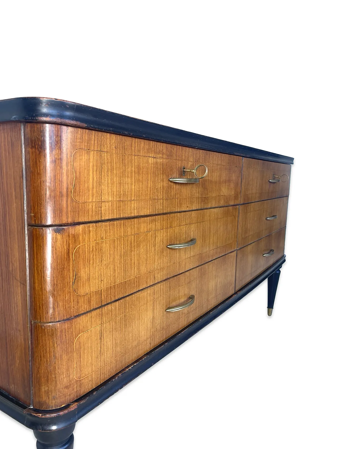 Veneered mahogany chest of drawers with green glass top, 1950s. 30