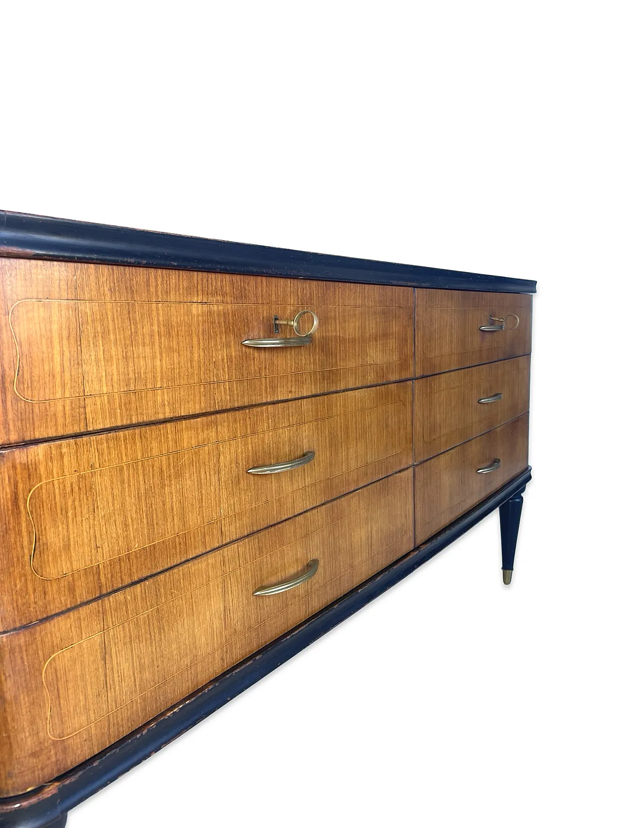 Veneered mahogany chest of drawers with green glass top, 1950s. 31