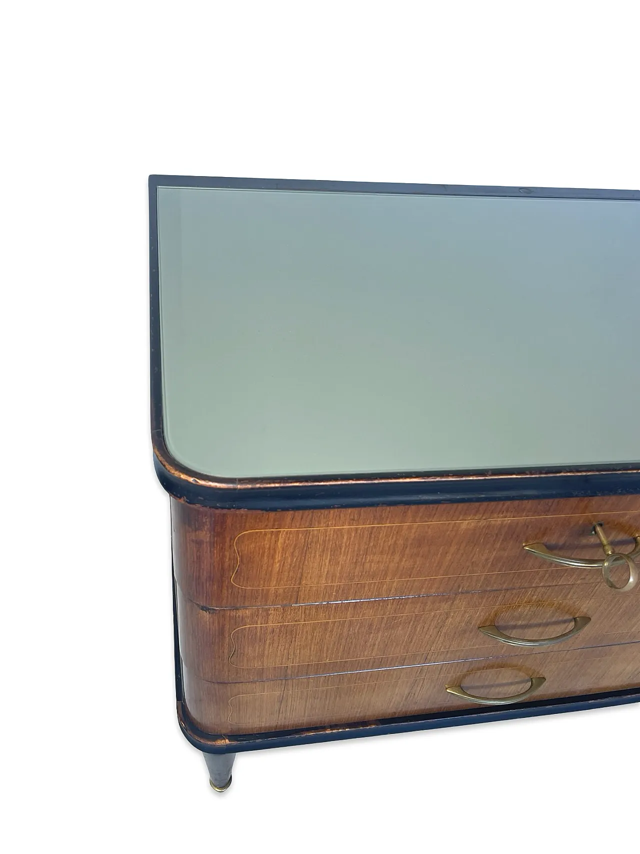 Veneered mahogany chest of drawers with green glass top, 1950s. 33