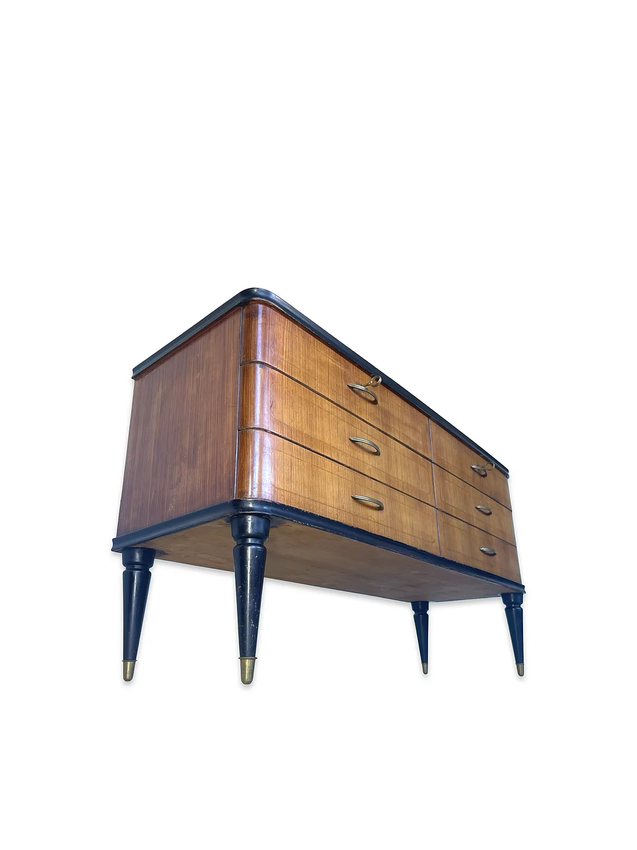Veneered mahogany chest of drawers with green glass top, 1950s. 34