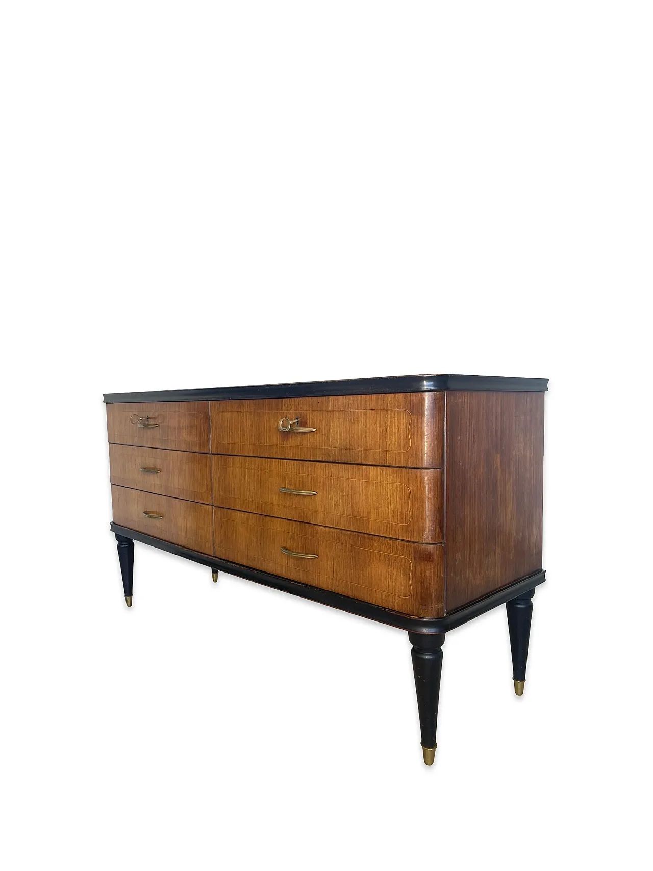 Veneered mahogany chest of drawers with green glass top, 1950s. 35