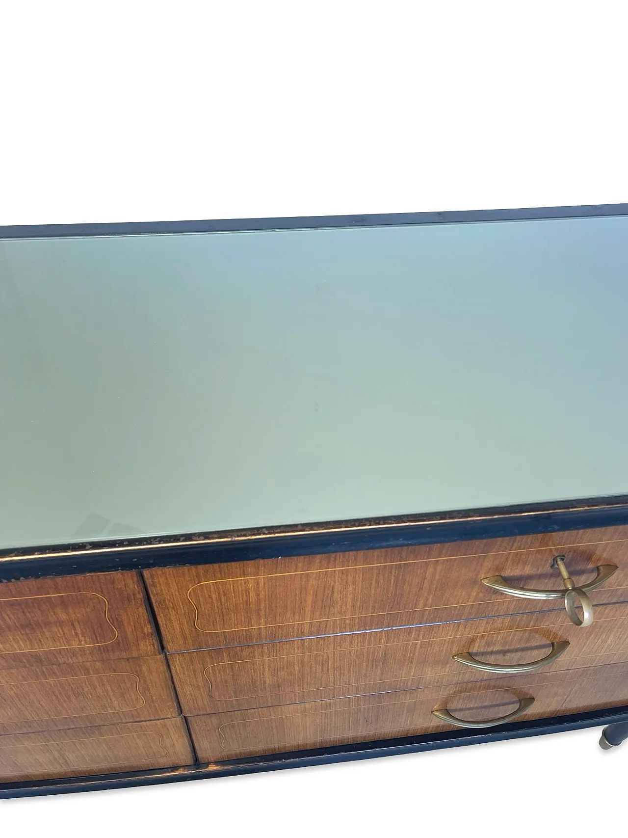 Veneered mahogany chest of drawers with green glass top, 1950s. 37