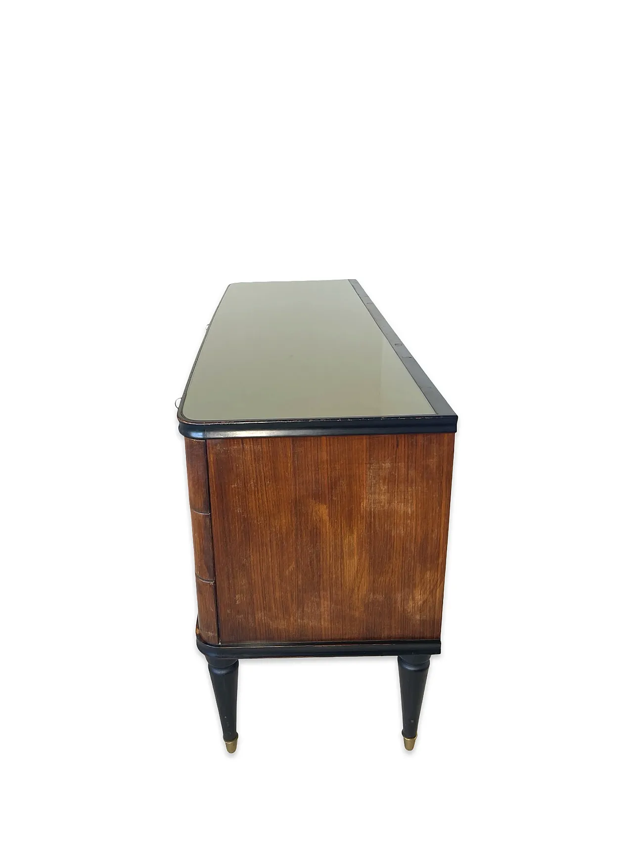 Veneered mahogany chest of drawers with green glass top, 1950s. 38