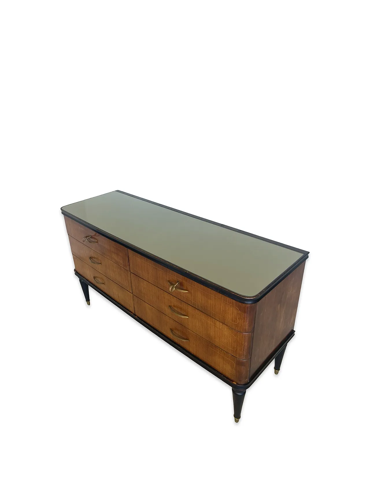 Veneered mahogany chest of drawers with green glass top, 1950s. 39