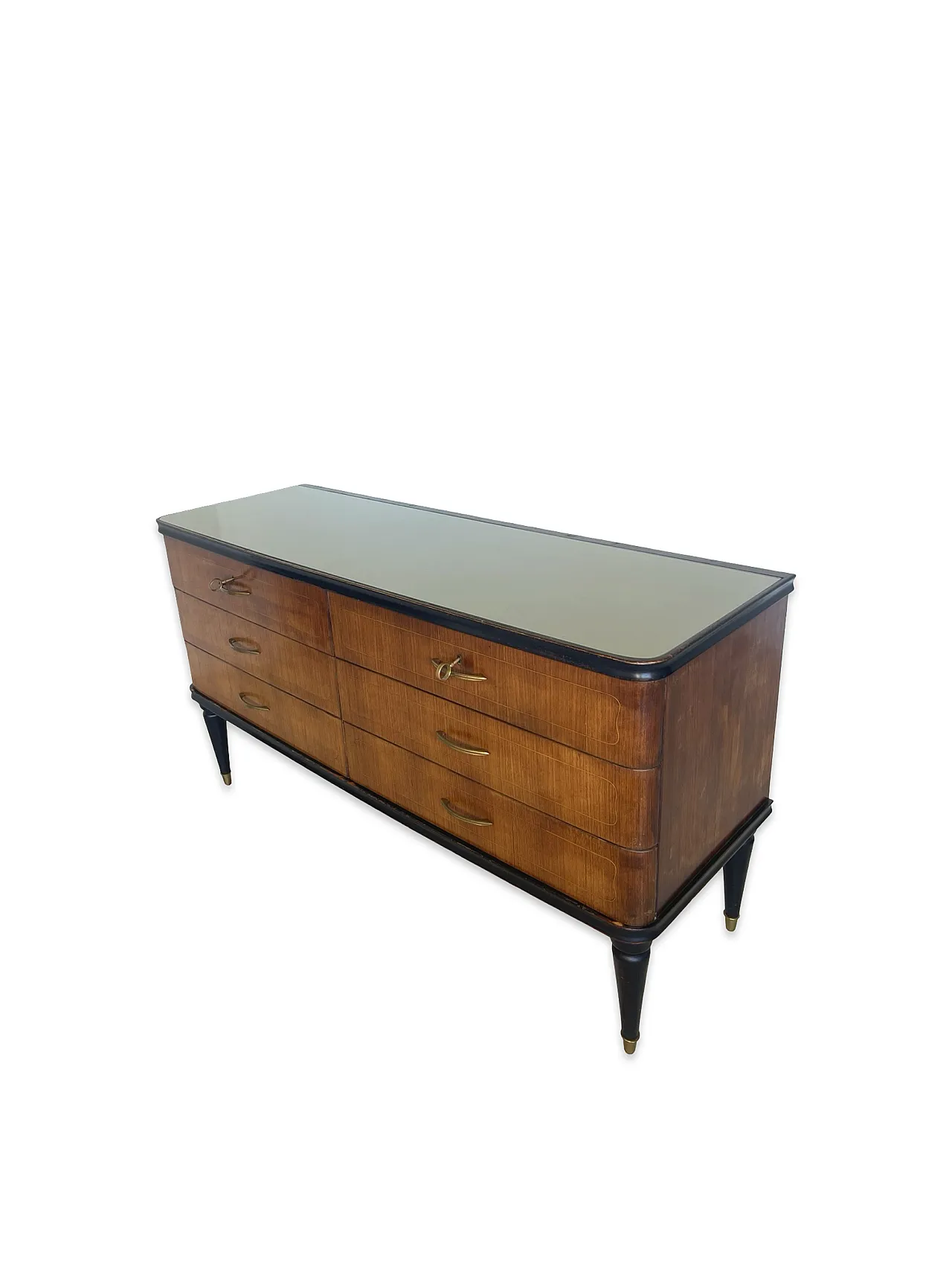 Veneered mahogany chest of drawers with green glass top, 1950s. 40