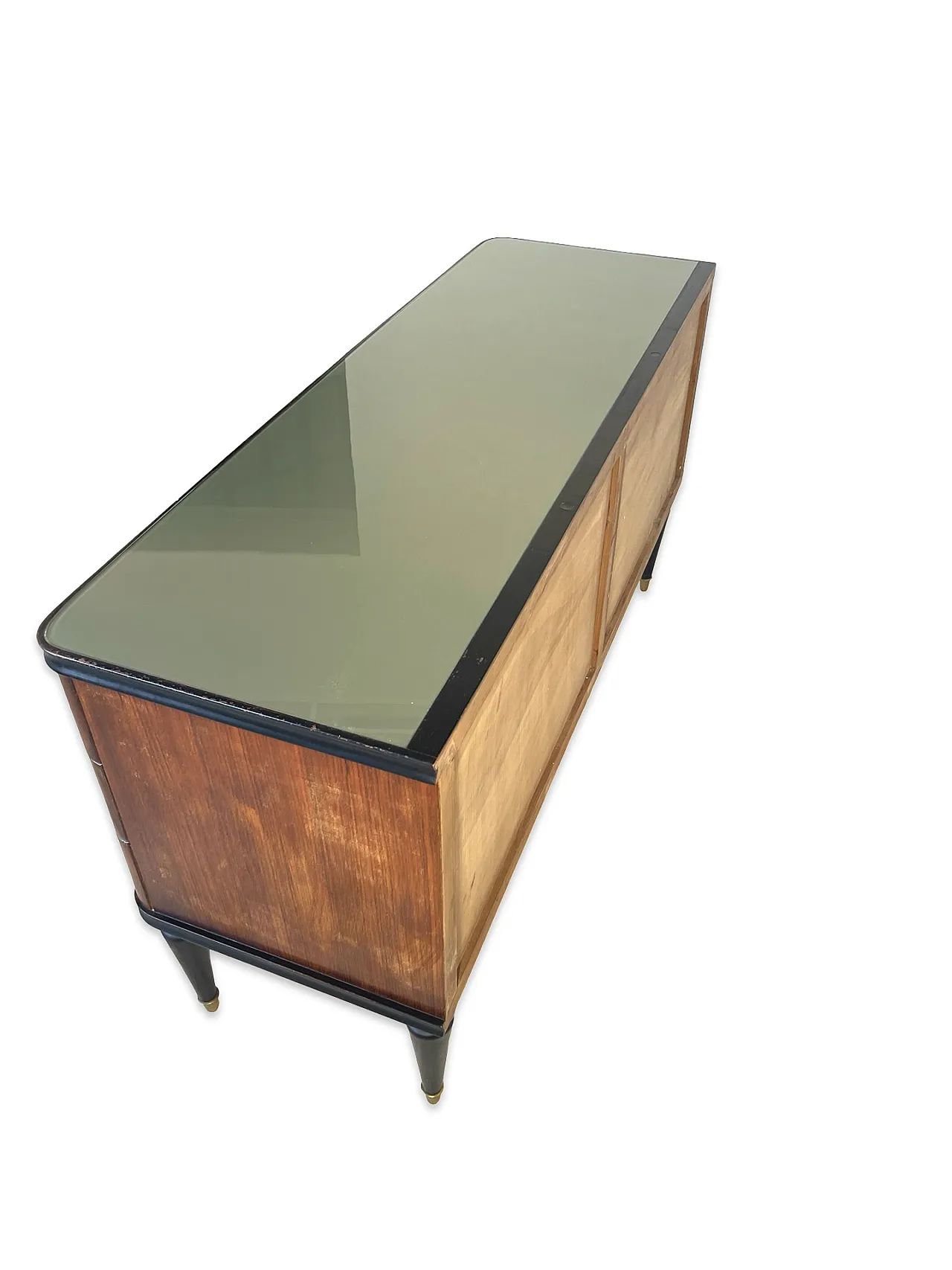 Veneered mahogany chest of drawers with green glass top, 1950s. 41