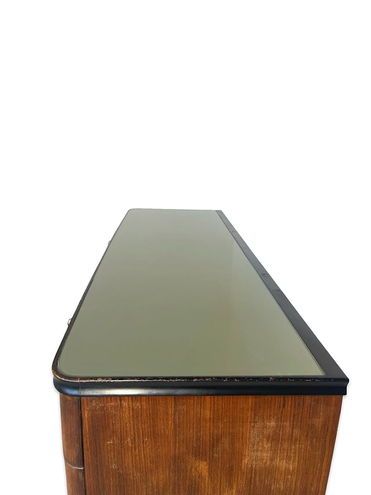 Veneered mahogany chest of drawers with green glass top, 1950s. 42