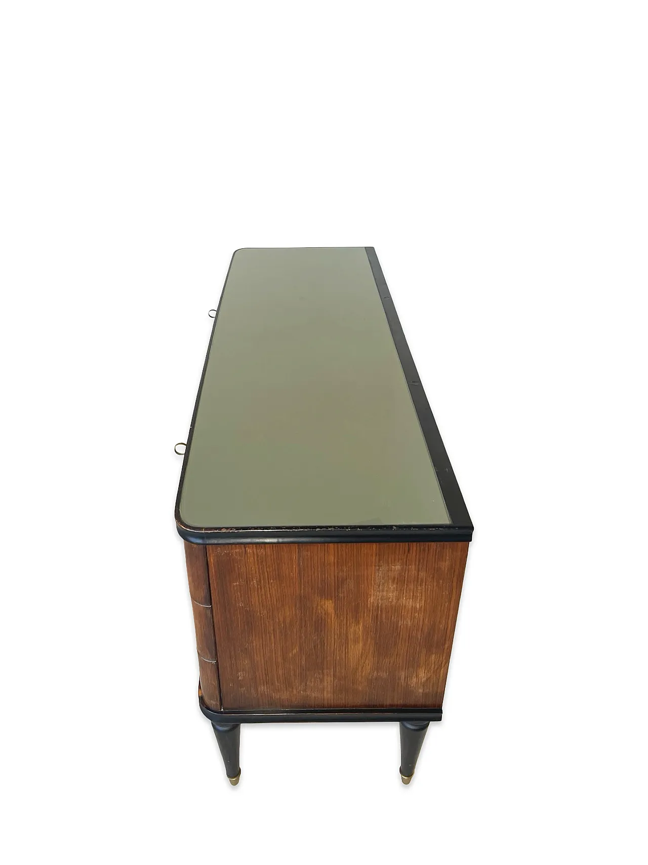 Veneered mahogany chest of drawers with green glass top, 1950s. 43