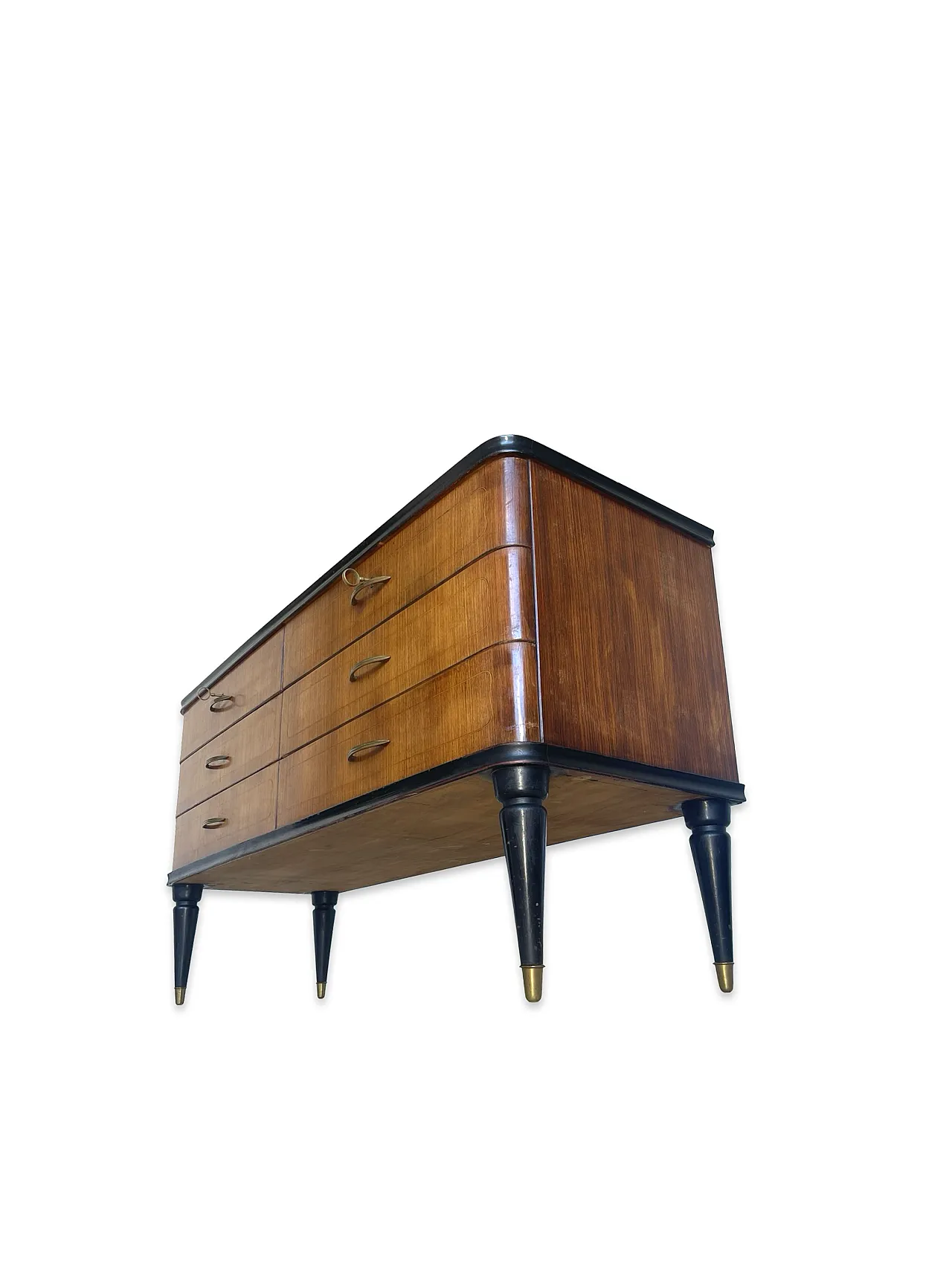 Veneered mahogany chest of drawers with green glass top, 1950s. 45