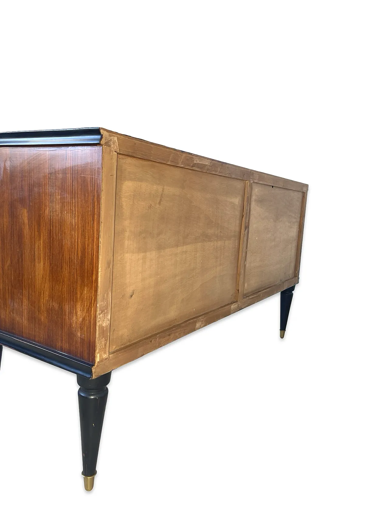 Veneered mahogany chest of drawers with green glass top, 1950s. 46
