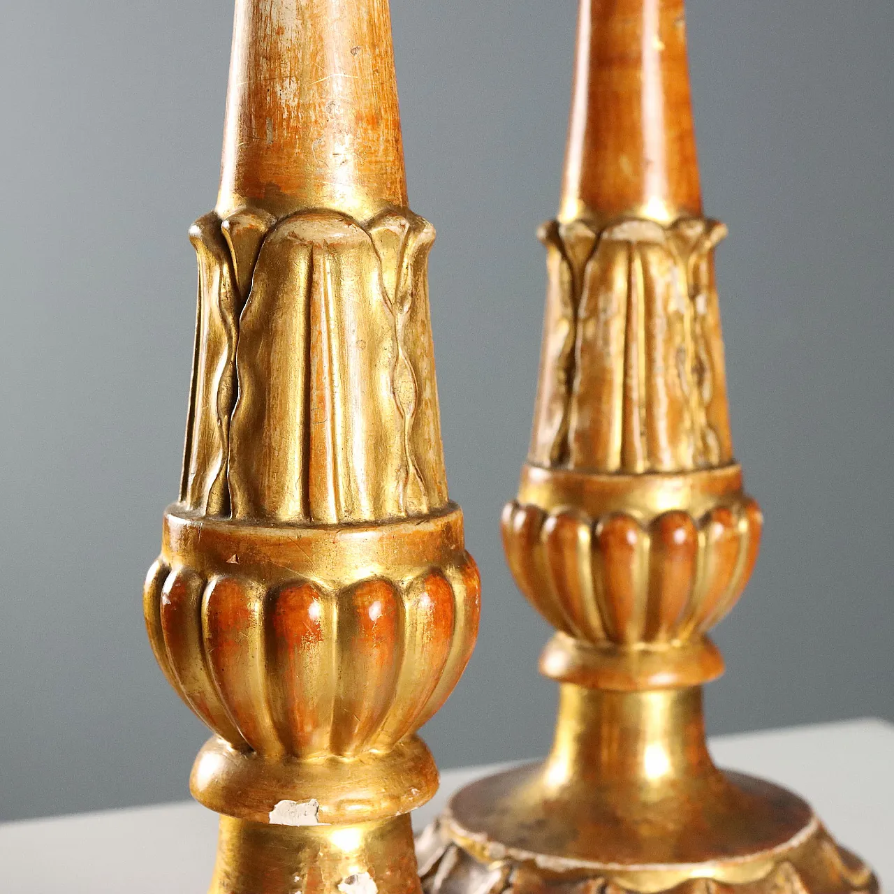 Pair of carved and gilded wooden candelabra, 19th century 5