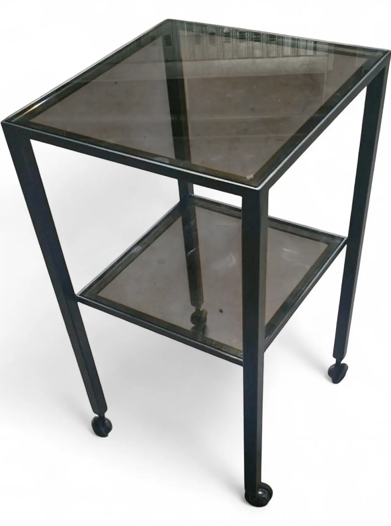 Carrello metallo doppio piano quadrato vetro 1cm con rotelle, anni '70 12