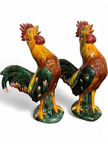 Pair of vintage painted glazed ceramic roosters, 1970s