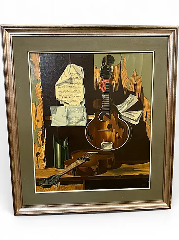 Oil on canvas by Rodolfo Gentili Guitar and Sheet Music, 20th c.